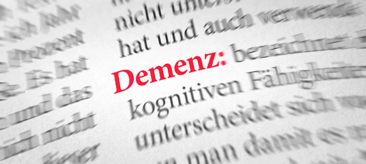 FokusDEMENZ - Wörterbuch blaue Wörter und rot markierte Arbeit „DEMENZ“